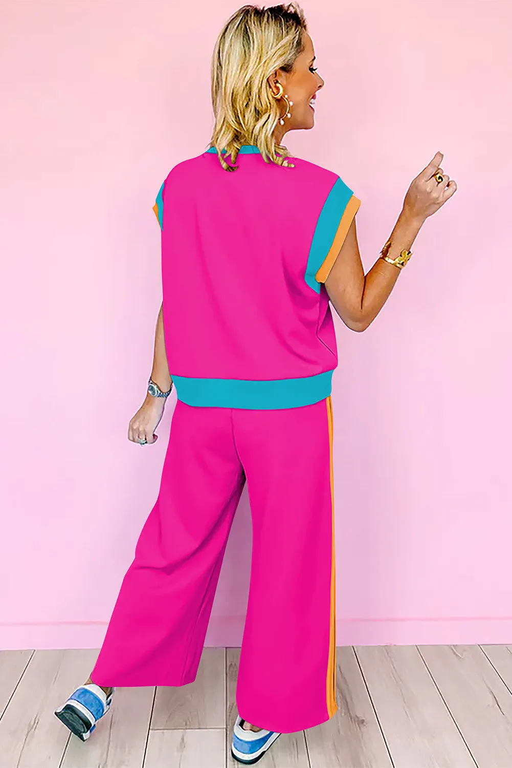 Strawberry Pink Color Block Detail Casual Two-piece Outfit