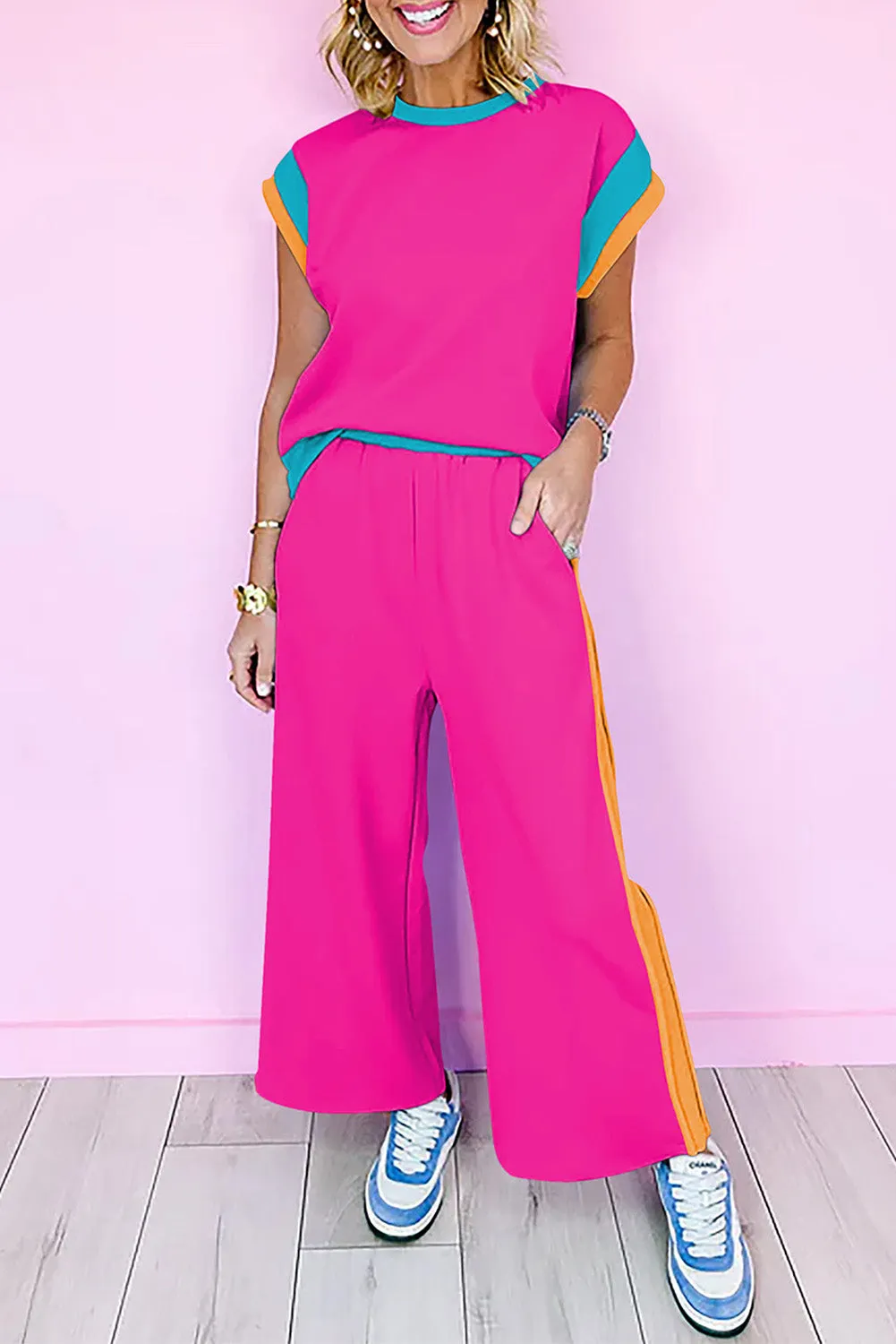 Strawberry Pink Color Block Detail Casual Two-piece Outfit