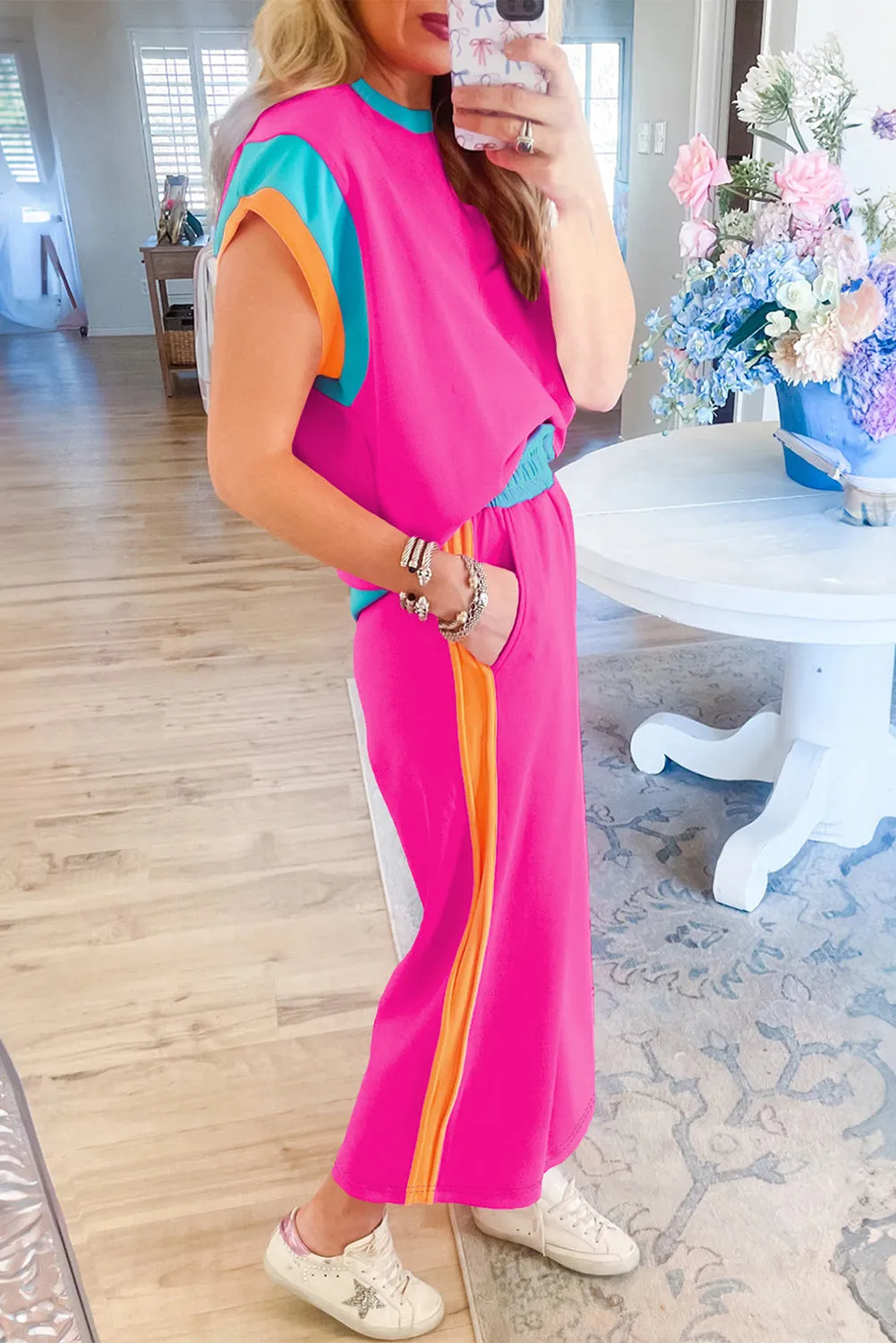 Strawberry Pink Color Block Detail Casual Two-piece Outfit