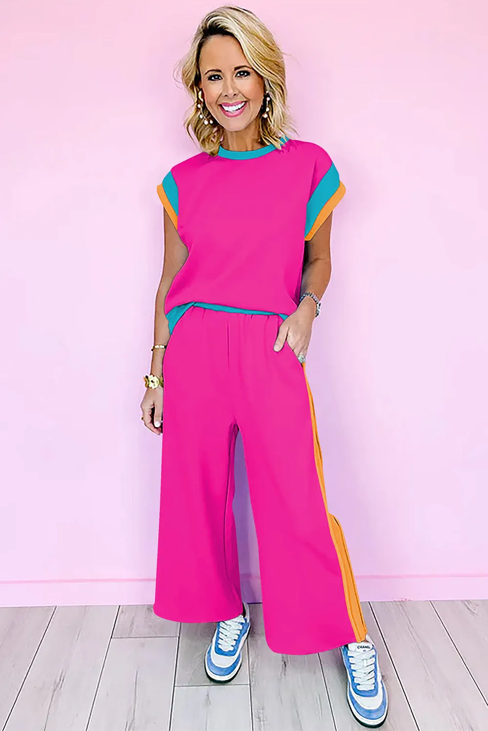 Strawberry Pink Color Block Detail Casual Two-piece Outfit