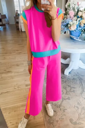 Strawberry Pink Color Block Detail Casual Two-piece Outfit