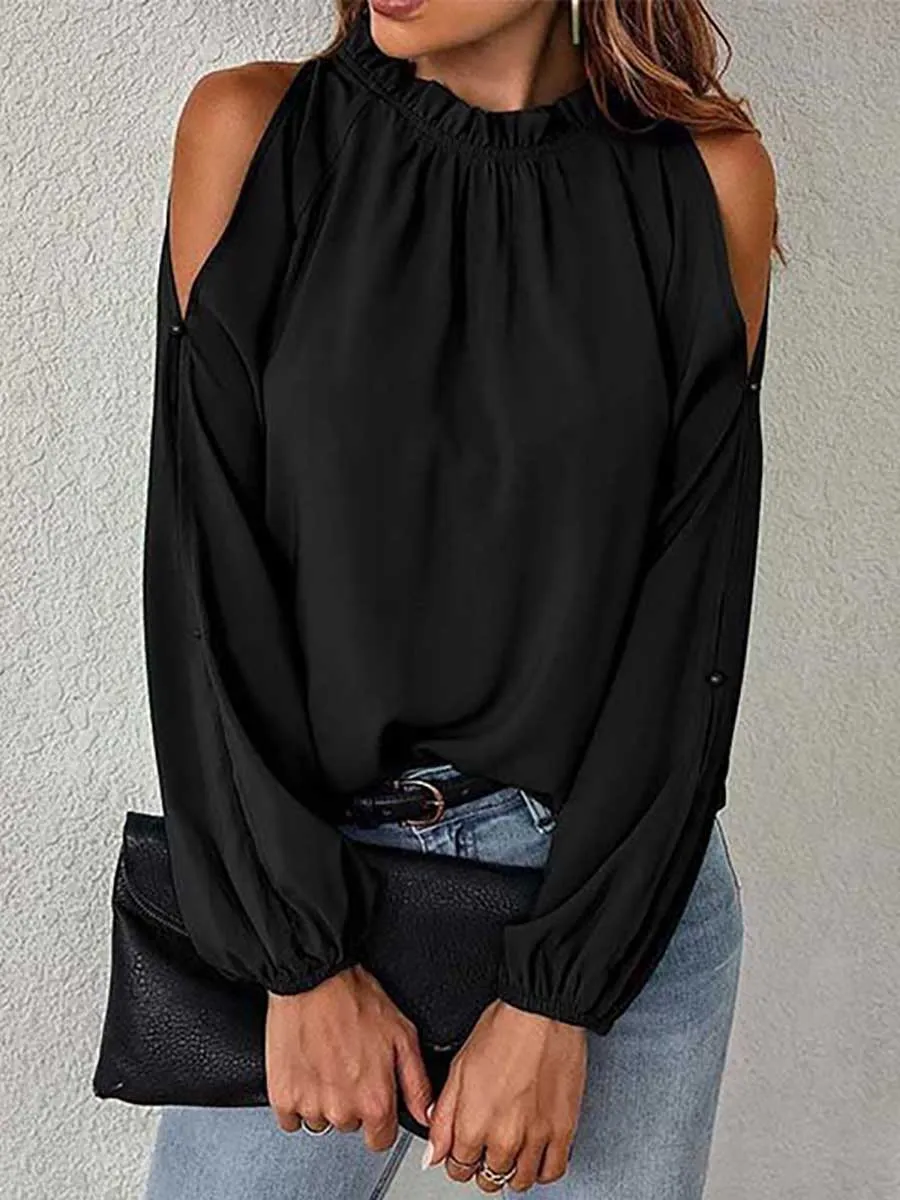 Stunncal Round neck off-shoulder chiffon shirt