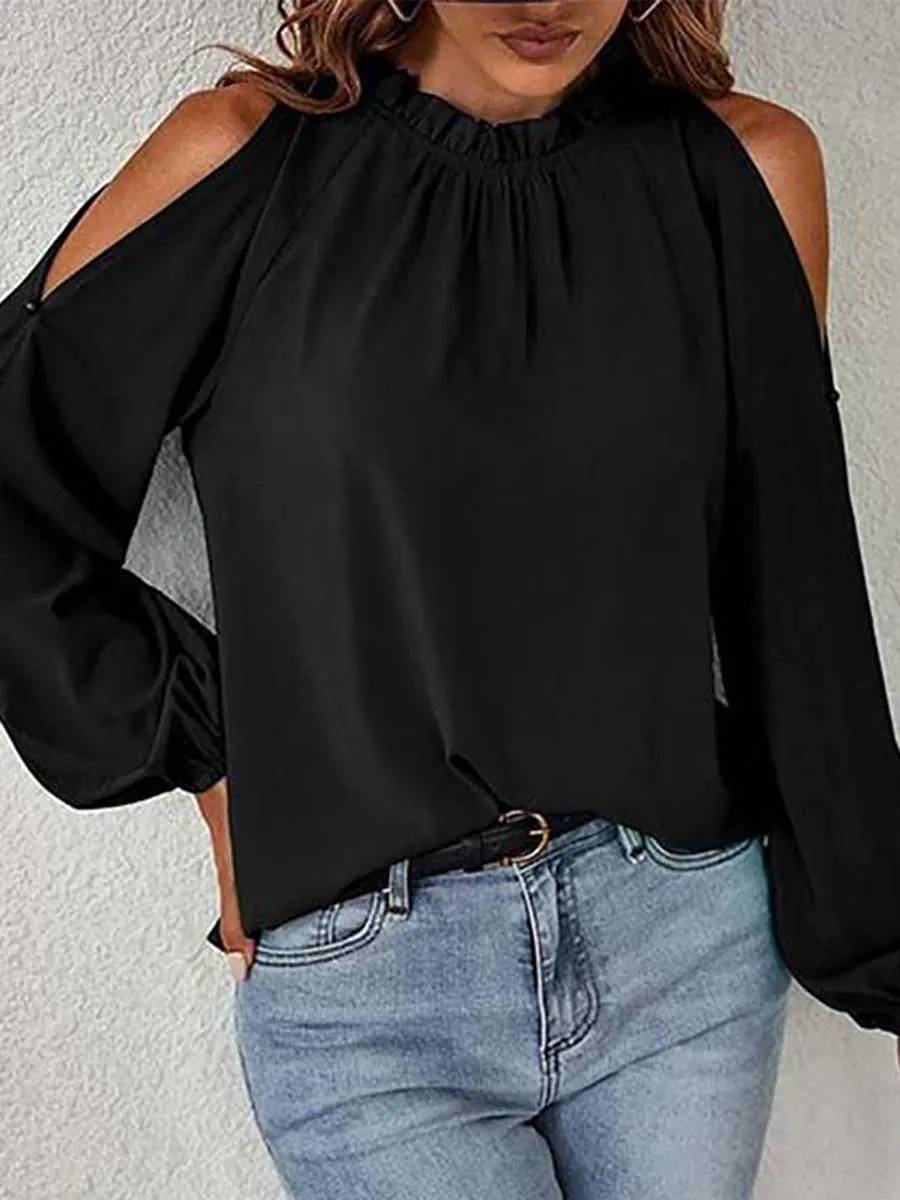 Stunncal Round neck off-shoulder chiffon shirt