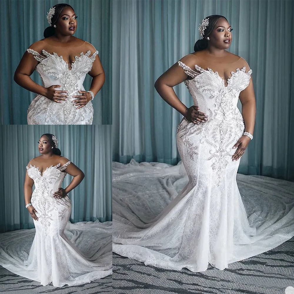 Stunning Plus Size Embellished In Crystal Mermaid Wedding Dress With Long Train Custom Made