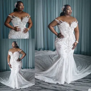 Stunning Plus Size Embellished In Crystal Mermaid Wedding Dress With Long Train Custom Made