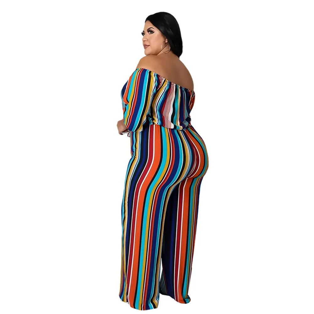 Stylish Striped Off Shoulder Plus Size Pants Suit