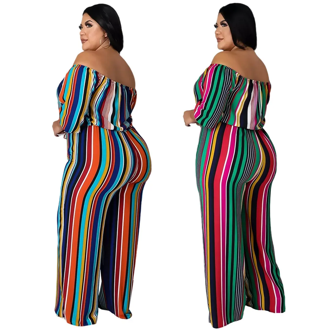 Stylish Striped Off Shoulder Plus Size Pants Suit