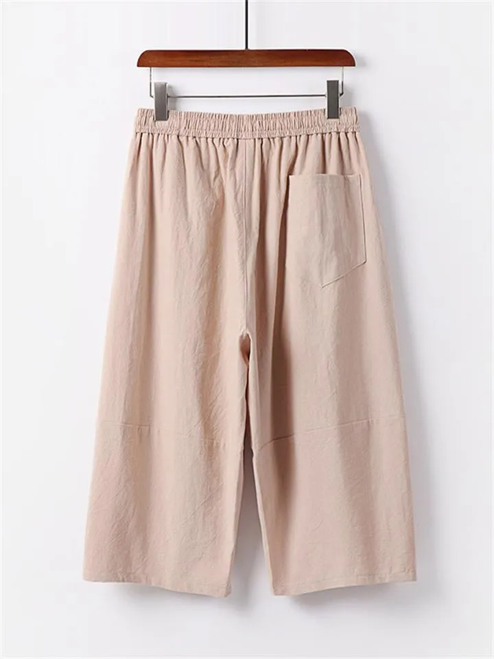 Summer Drawstring Design Loose Wide-Leg Casual Cropped Trousers