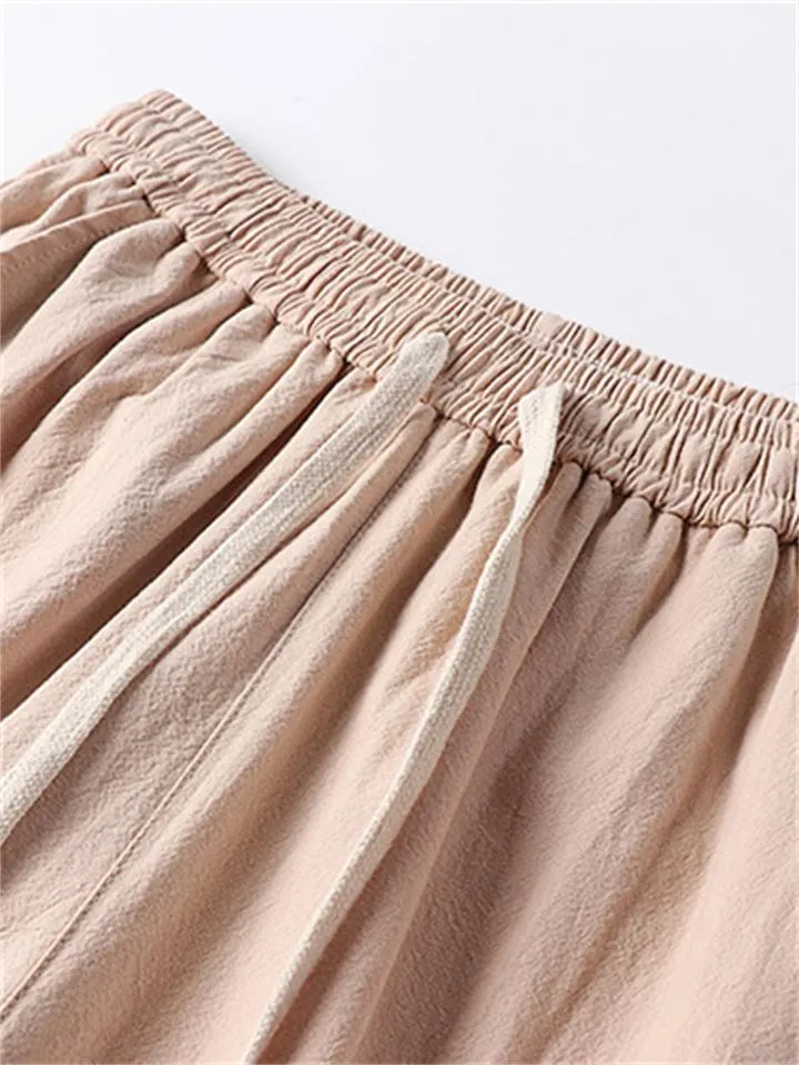 Summer Drawstring Design Loose Wide-Leg Casual Cropped Trousers