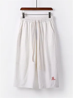 Summer Drawstring Design Loose Wide-Leg Casual Cropped Trousers