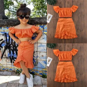 Summer Kid Girls Off Shoulder Crop T-shirt Tops Dress Skirt Outfit