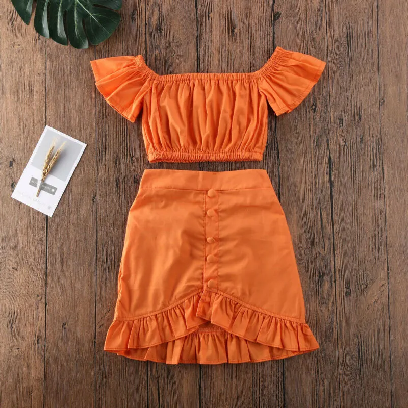 Summer Kid Girls Off Shoulder Crop T-shirt Tops Dress Skirt Outfit