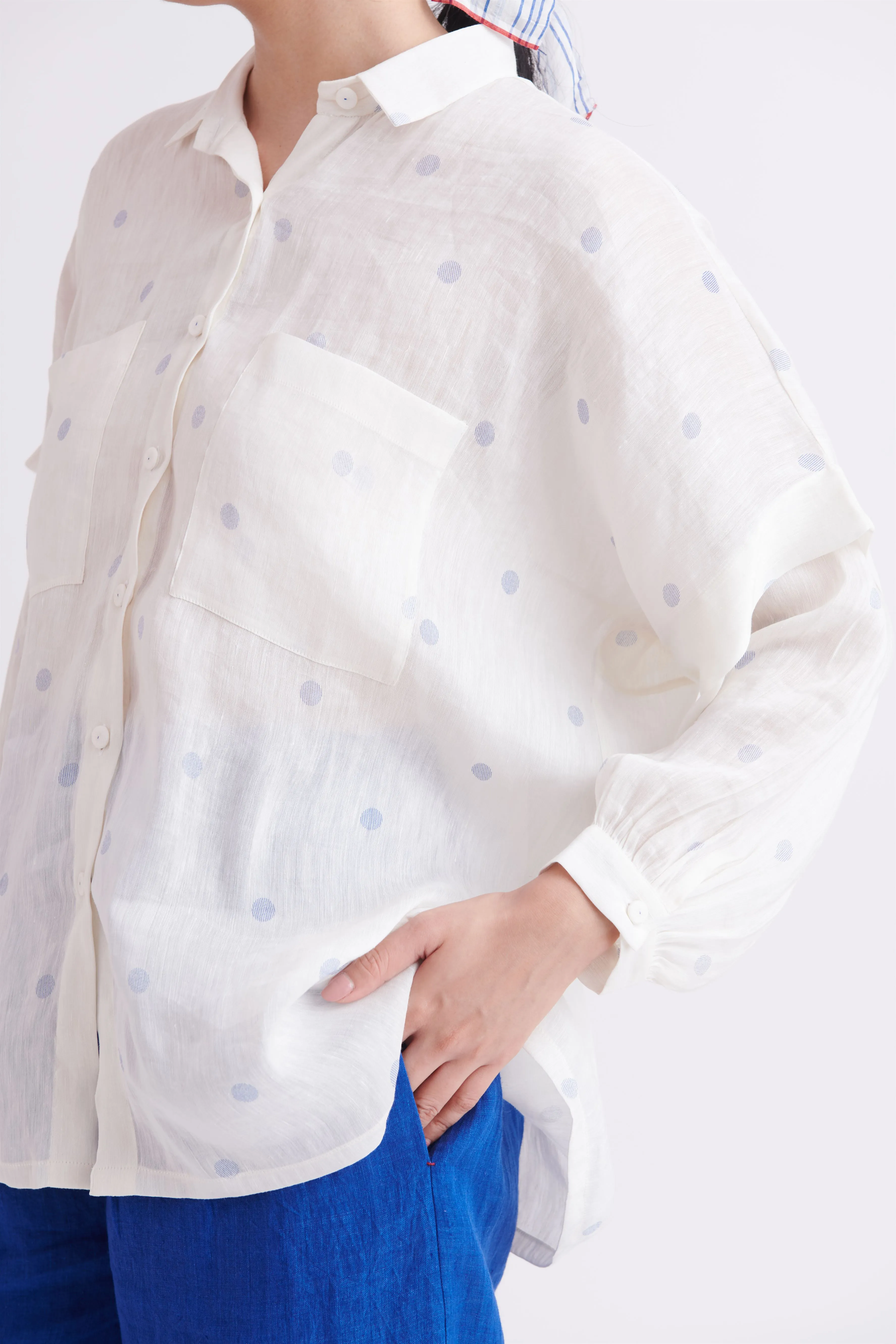 summer shirt linen silk blue polka-SS2025-26-fashion edit-the plavate