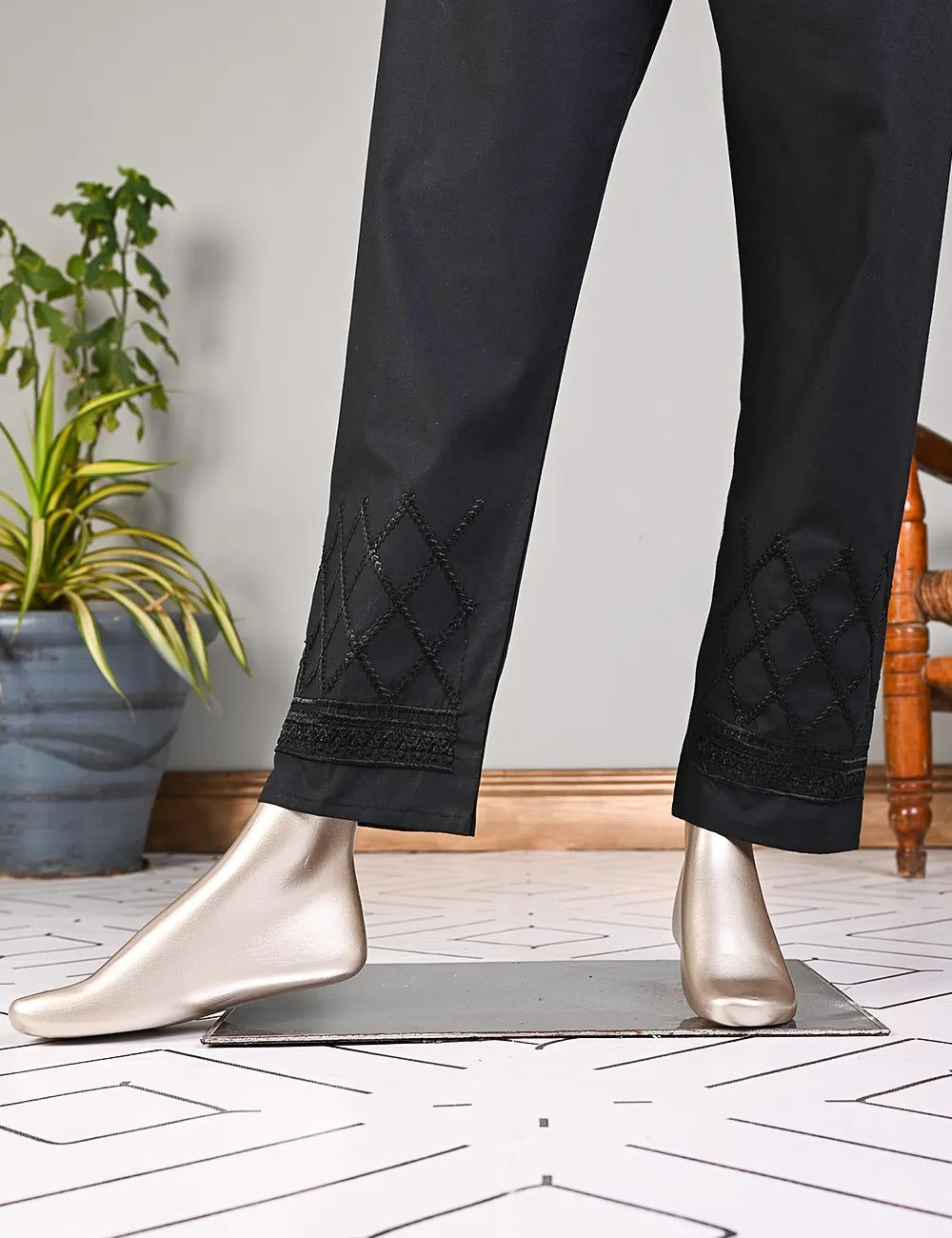 Super Quality Polyester Cotton Embroidered Stitched Trouser - (STC-02A-Black)