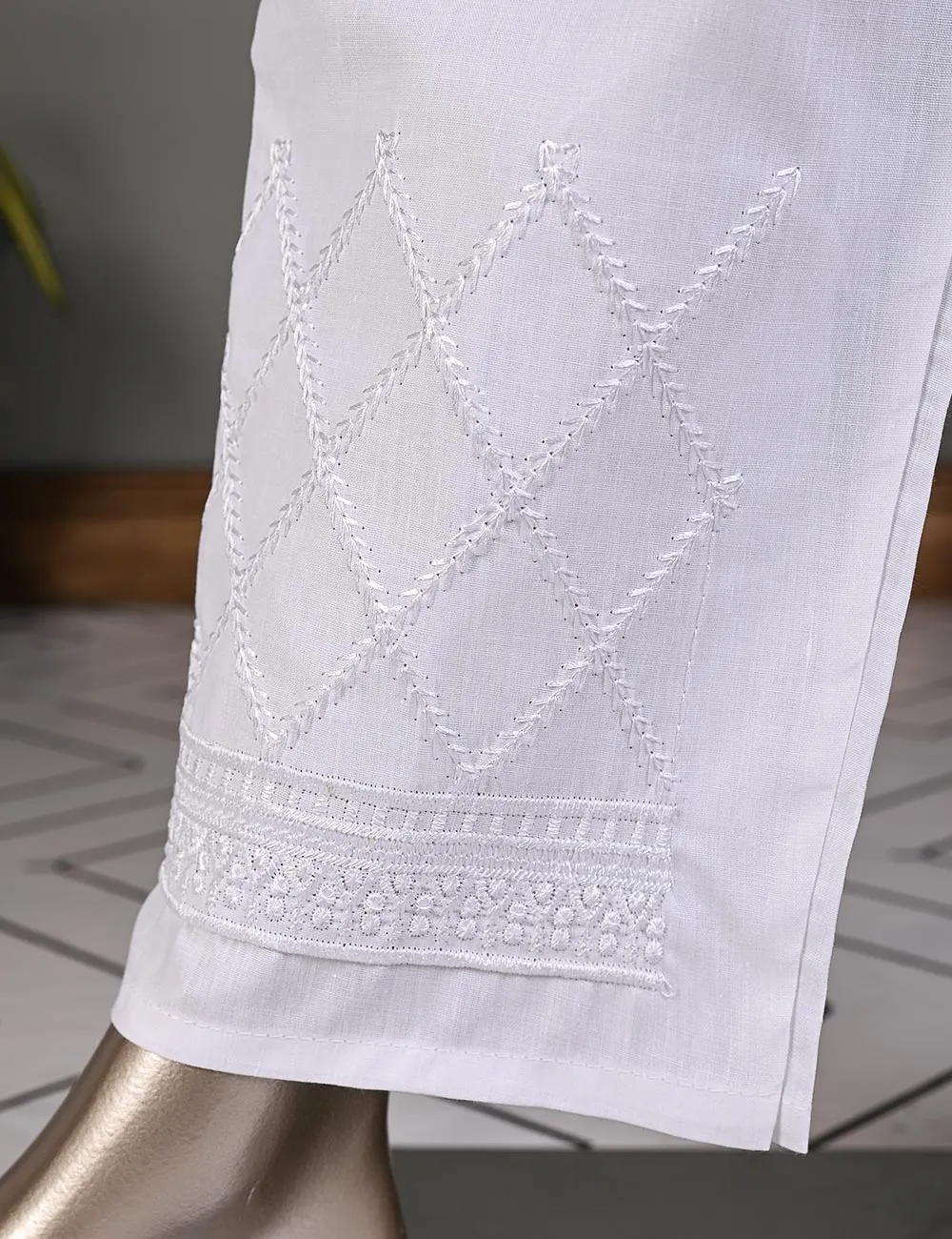 Super Quality Polyester Cotton Embroidered Stitched Trouser - (STC-02D-White)