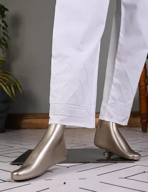 Super Quality Polyester Cotton Embroidered Stitched Trouser - (STC-02D-White)