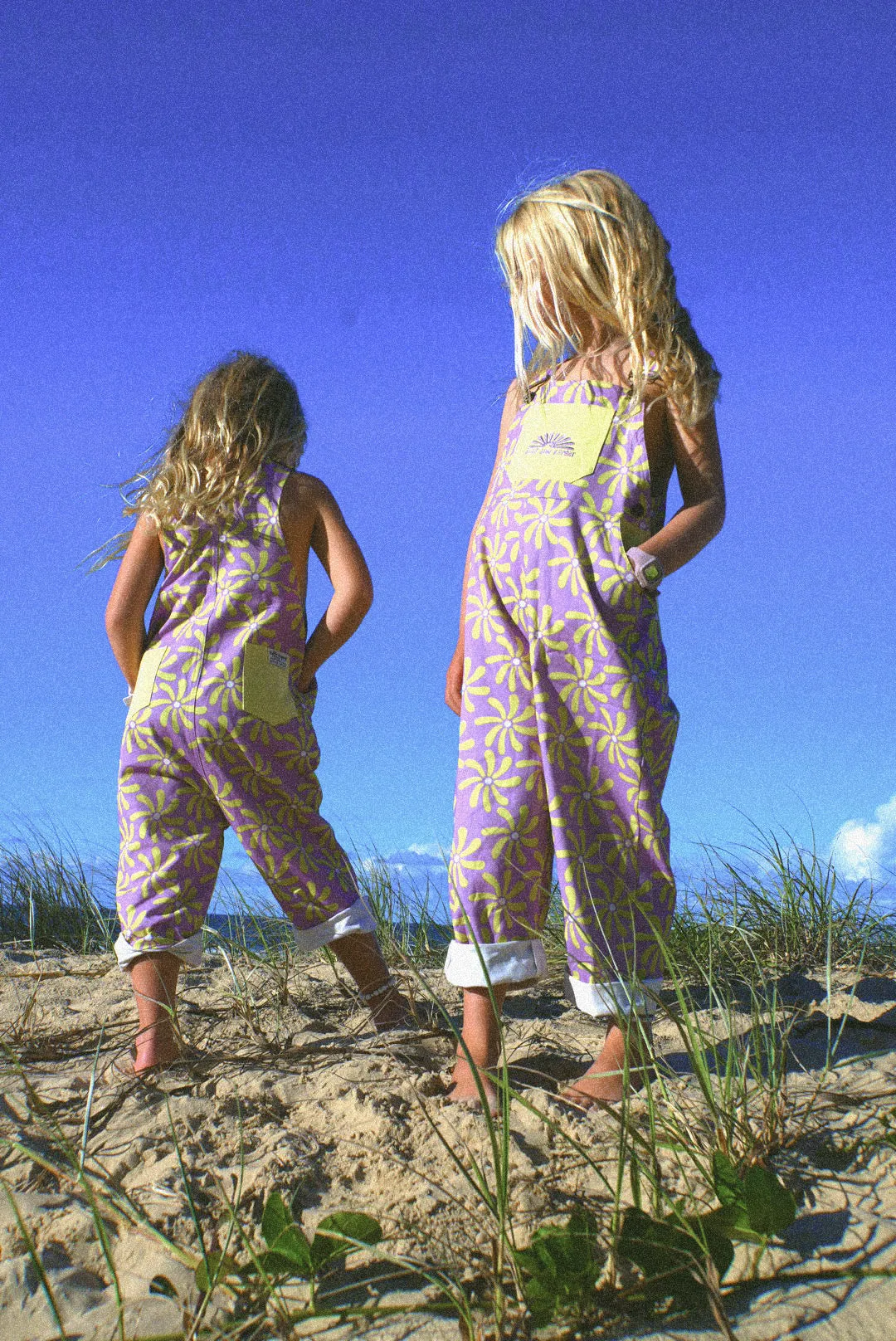 Surf sun repeat retro 70s canvas dungaree - purple / yellow