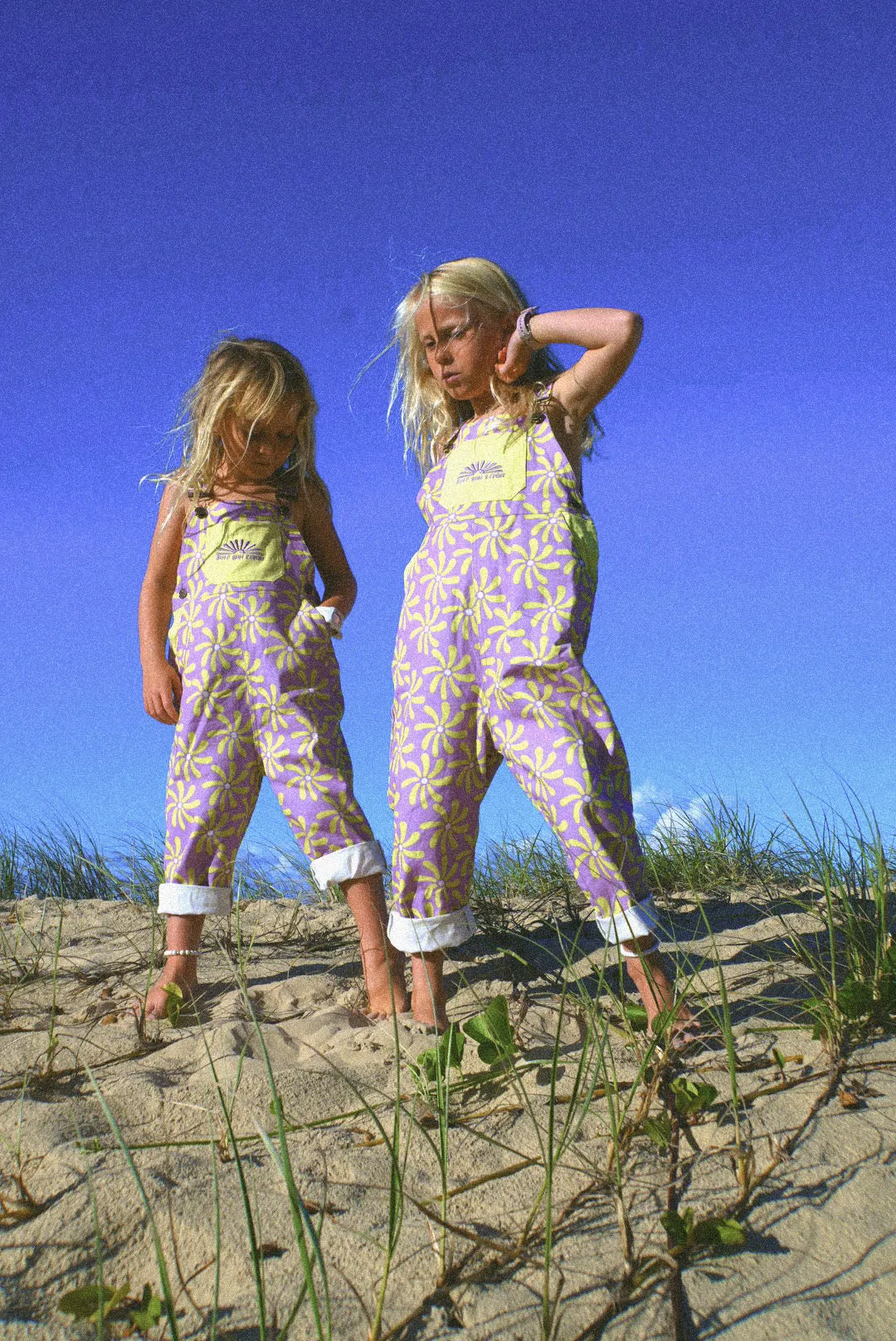 Surf sun repeat retro 70s canvas dungaree - purple / yellow