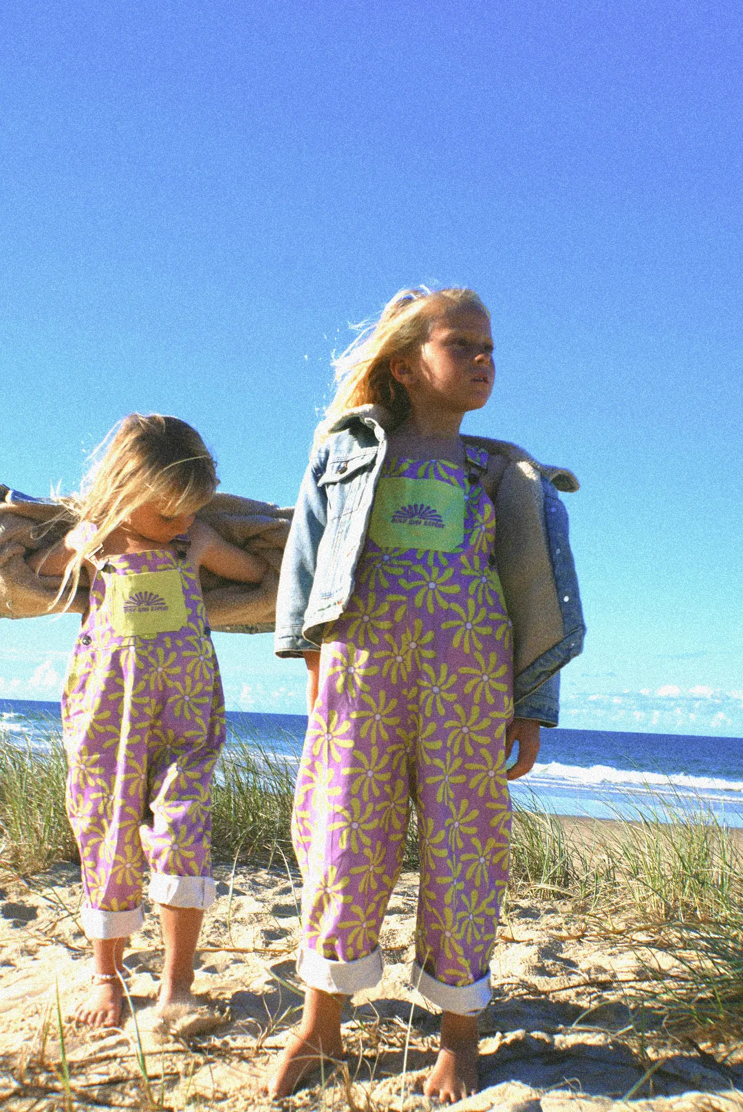 Surf sun repeat retro 70s canvas dungaree - purple / yellow