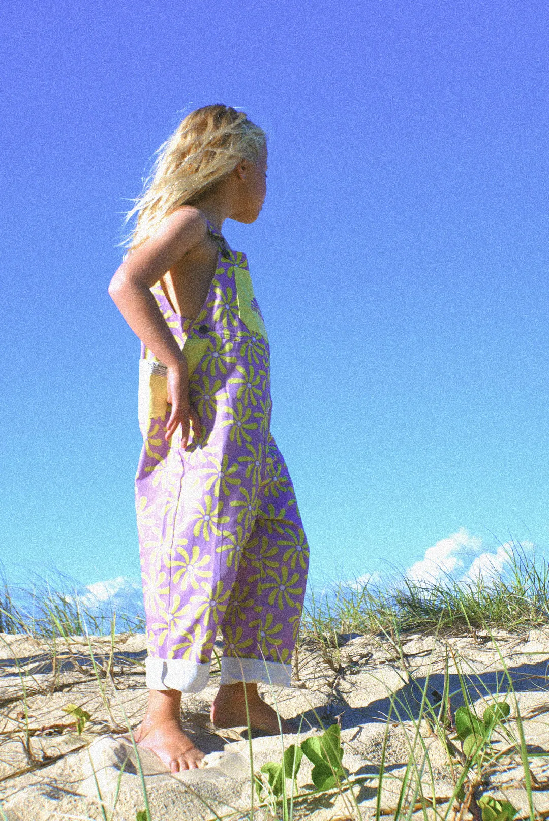 Surf sun repeat retro 70s canvas dungaree - purple / yellow