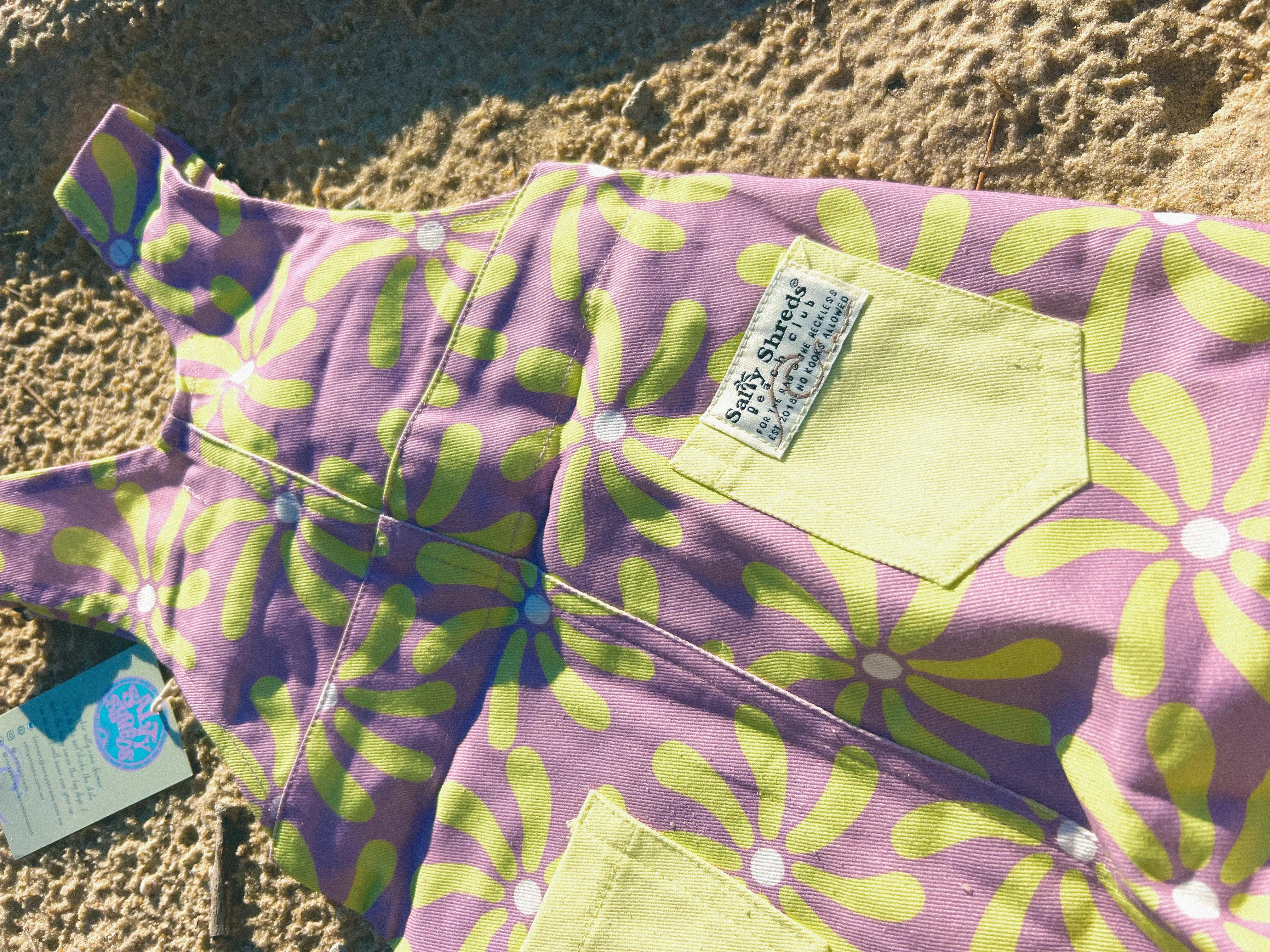 Surf sun repeat retro 70s canvas dungaree - purple / yellow