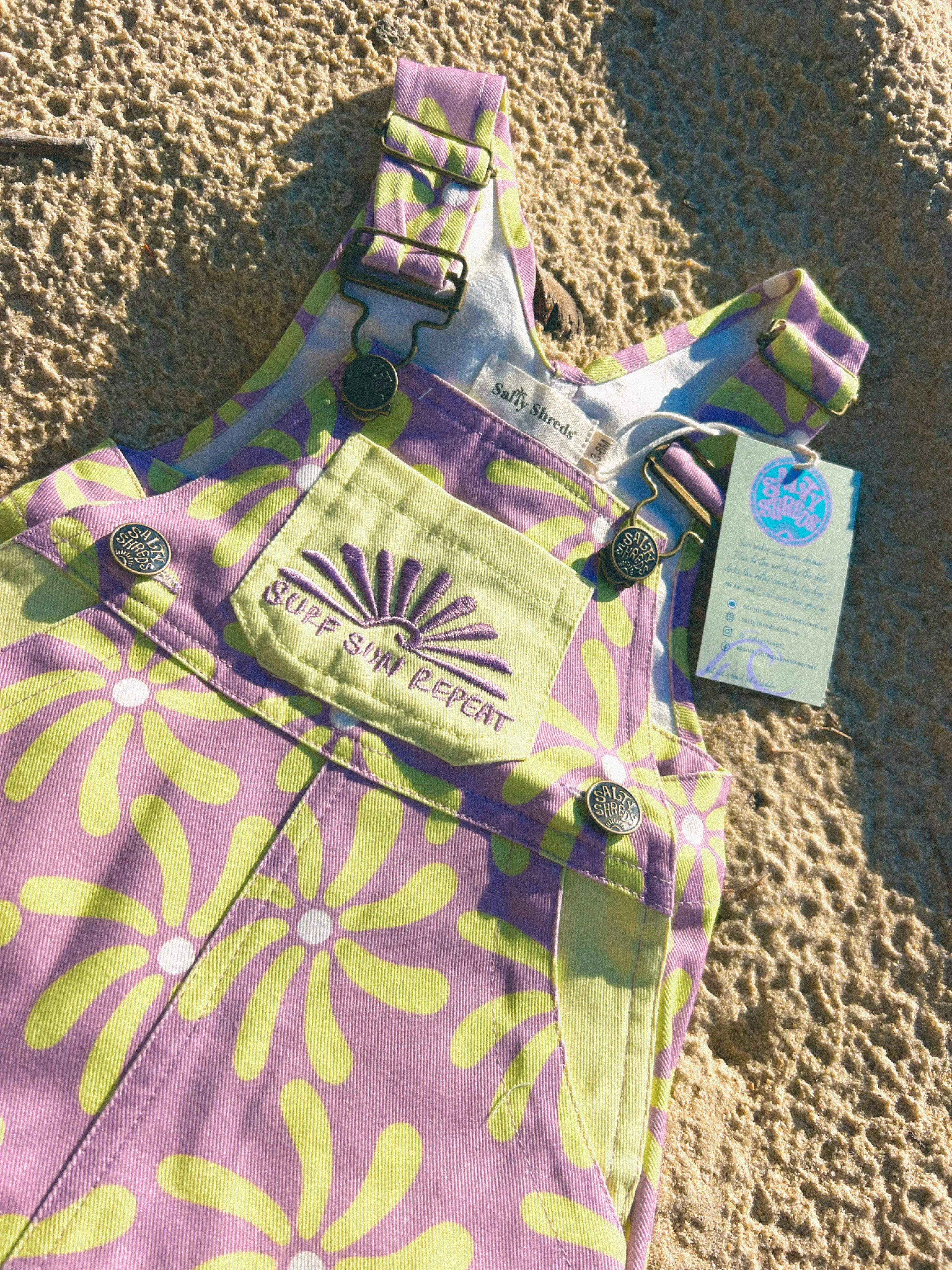 Surf sun repeat retro 70s canvas dungaree - purple / yellow