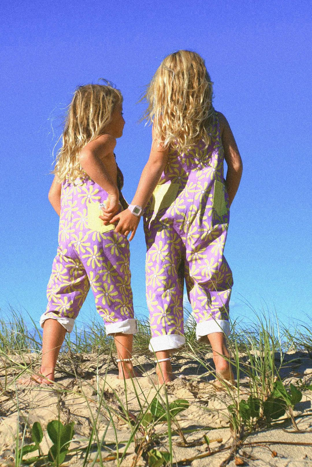 Surf sun repeat retro 70s canvas dungaree - purple / yellow