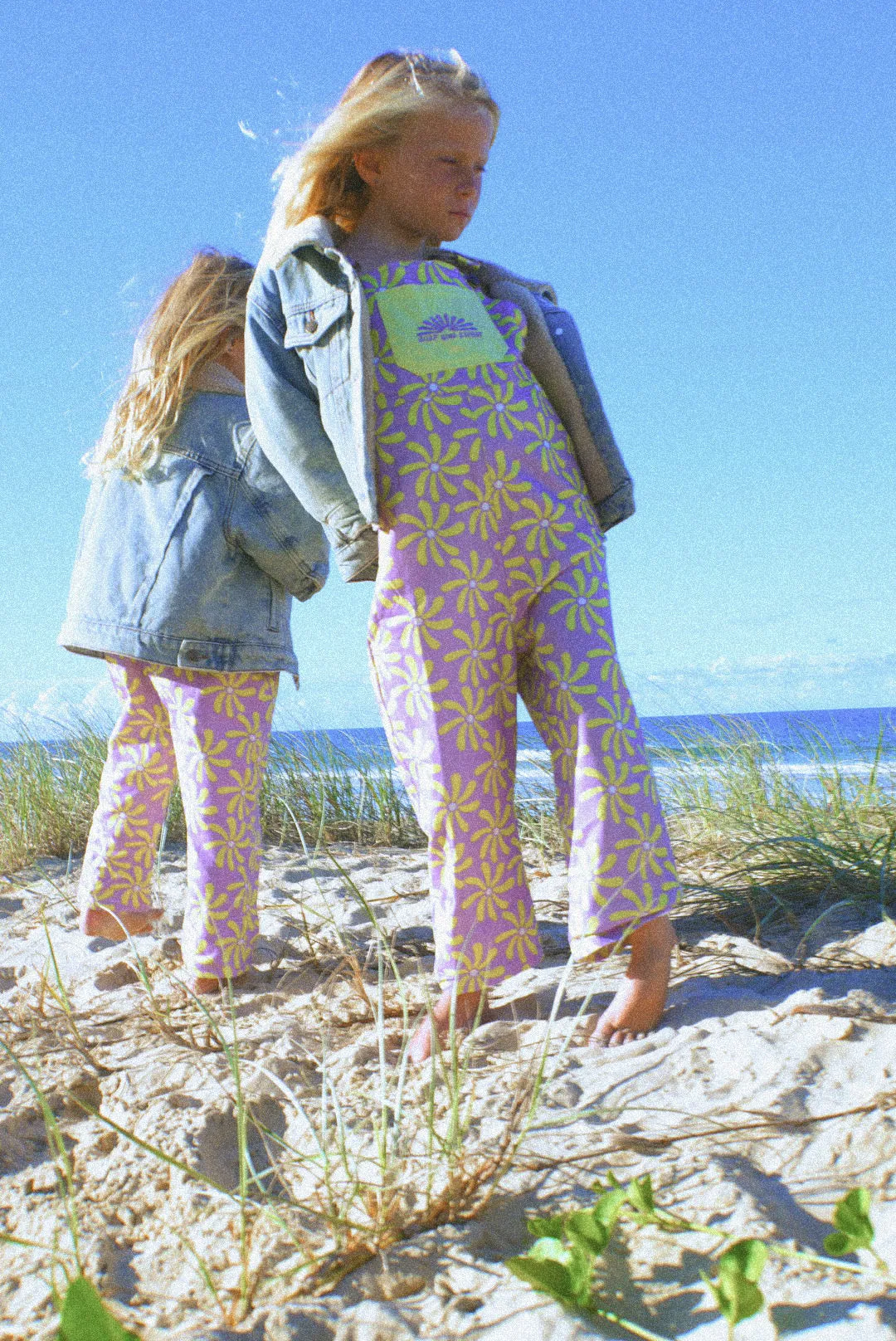 Surf sun repeat retro 70s canvas dungaree - purple / yellow
