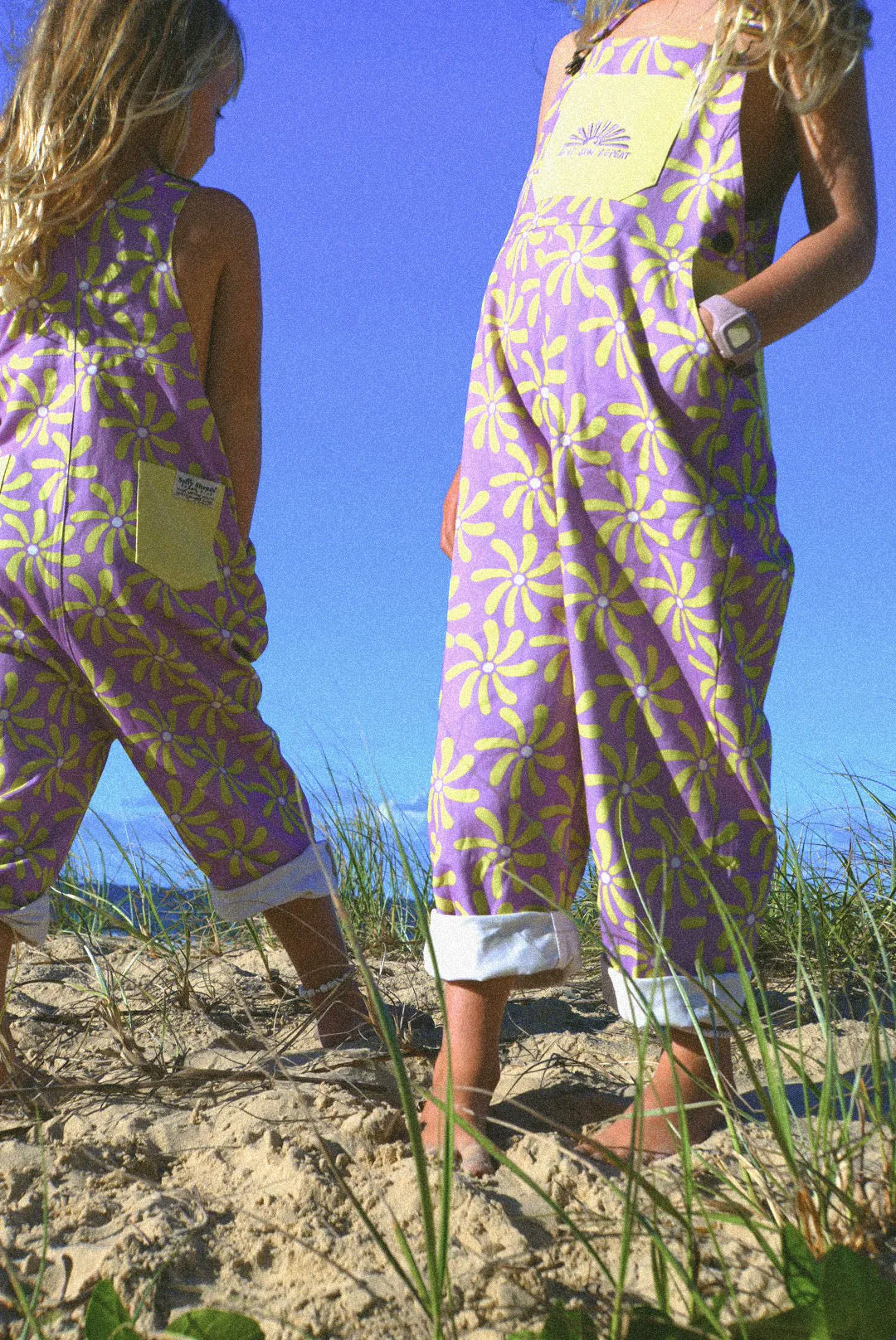 Surf sun repeat retro 70s canvas dungaree - purple / yellow