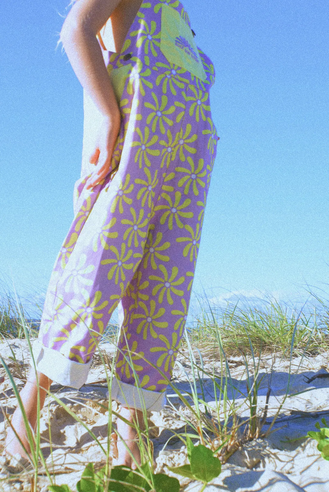 Surf sun repeat retro 70s canvas dungaree - purple / yellow