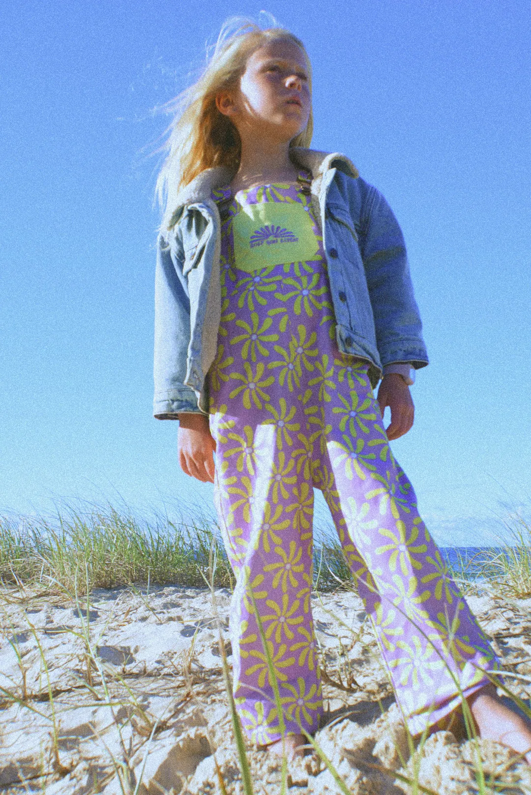 Surf sun repeat retro 70s canvas dungaree - purple / yellow