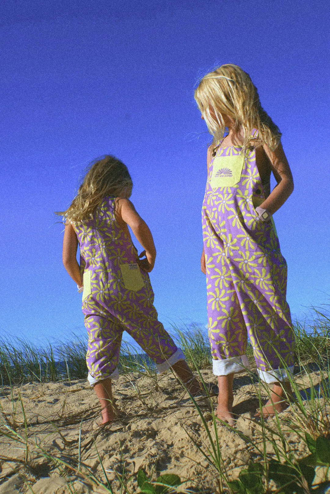 Surf sun repeat retro 70s canvas dungaree - purple / yellow