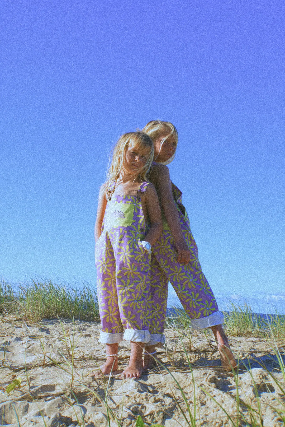 Surf sun repeat retro 70s canvas dungaree - purple / yellow