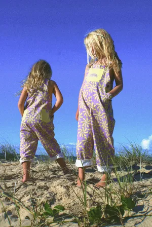 Surf sun repeat retro 70s canvas dungaree - purple / yellow
