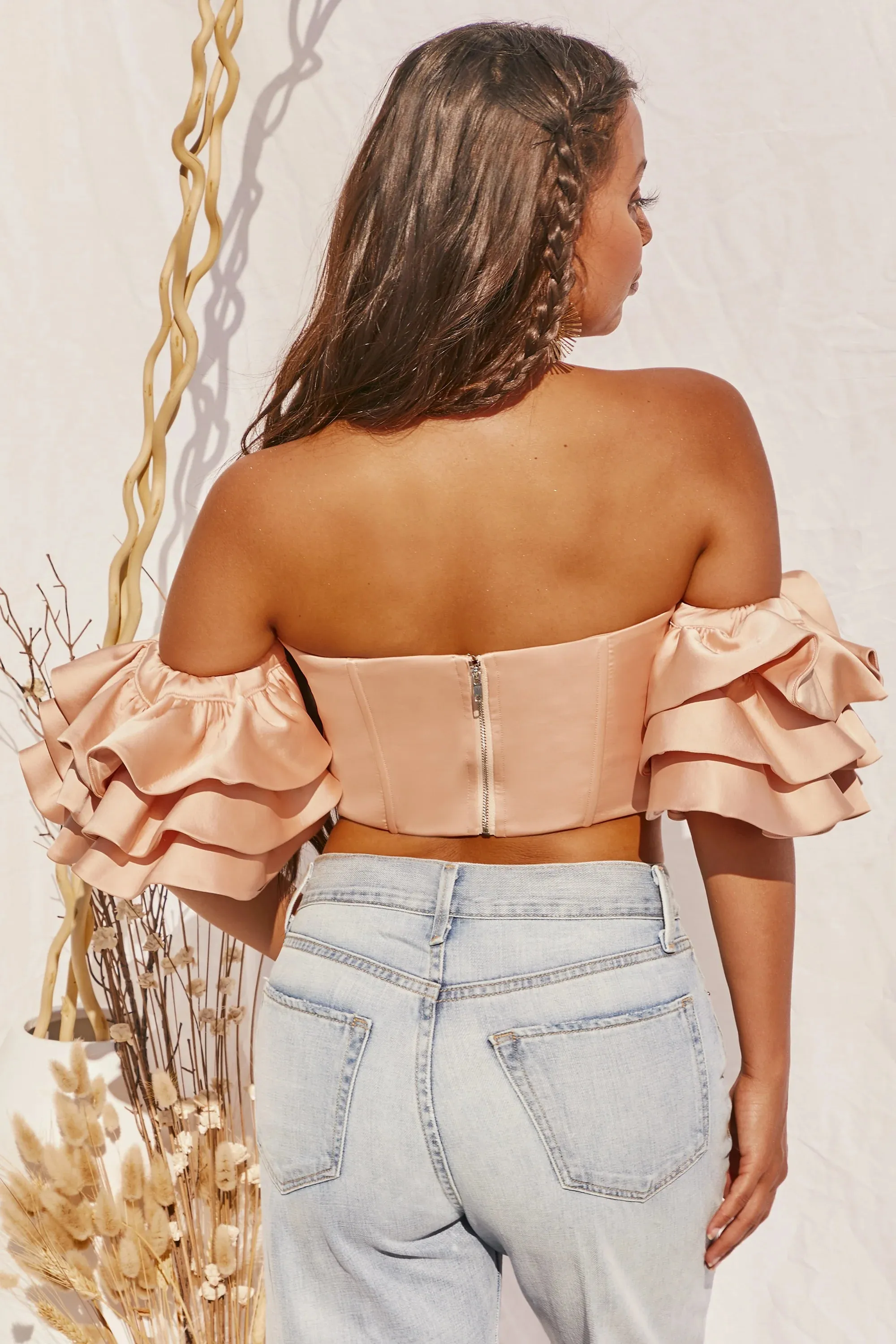 Sweet Bliss Bardot Ruffle Sleeve Crop Top in Peach