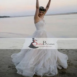Sweetheart Lace Tulle Wedding Dresses, Beach Wedding Dresses, Lace Up Wedding Dresses, WD0269