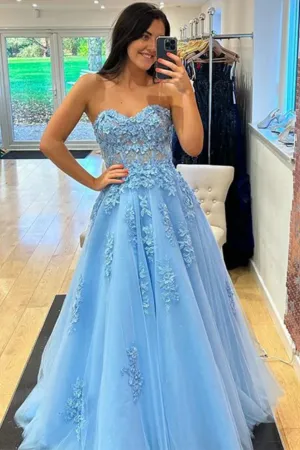 Sweetheart Neck Light Blue Lace Prom Dresses Long, Formal Evening Dresses APP0717