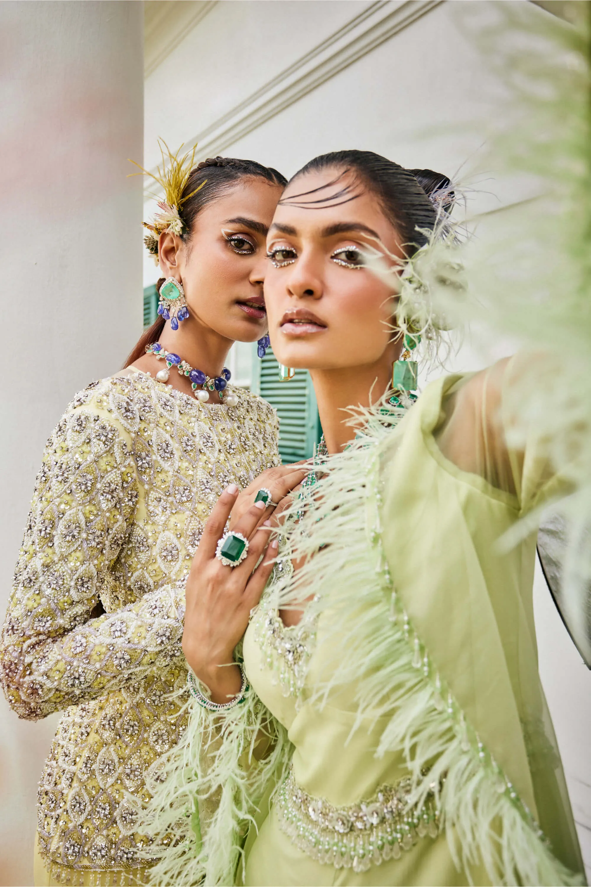 Sylvie butterfly green feather jacket and jumpsuit