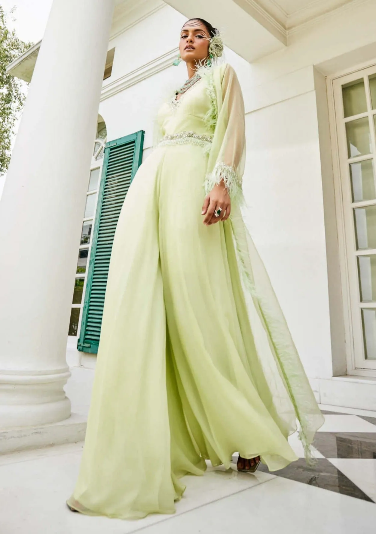 Sylvie butterfly green feather jacket and jumpsuit