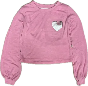T2LOVE- PUFF SLEEVE CREW TOP SILVER HEART (pink)