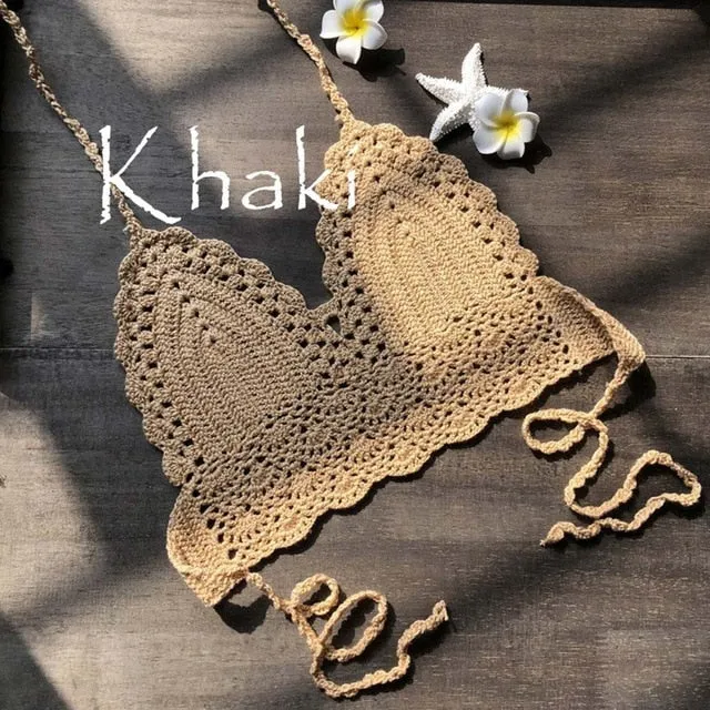 Tank Top Women Summer White Gothic Cropped Tops Sexy Cami  Backless Festival Crochet Knitting Halter Beach Bikini Bra Crop Top