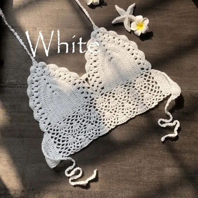 Tank Top Women Summer White Gothic Cropped Tops Sexy Cami  Backless Festival Crochet Knitting Halter Beach Bikini Bra Crop Top