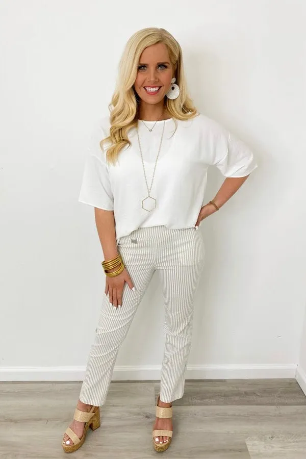 Taupe and White Striped Ankle Pant
