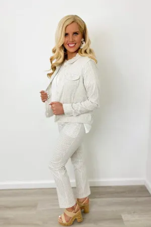 Taupe and White Striped Ankle Pant