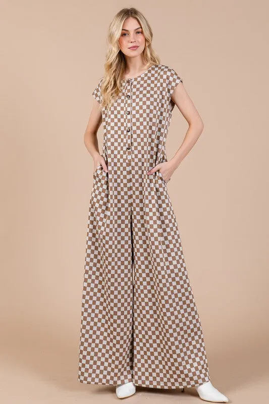 Taupe Checkered Cap Sleeve Jumpsuit