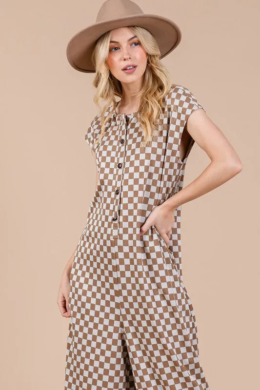 Taupe Checkered Cap Sleeve Jumpsuit