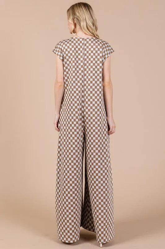 Taupe Checkered Cap Sleeve Jumpsuit