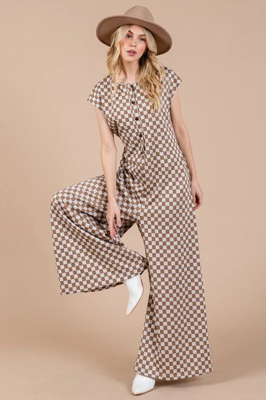 Taupe Checkered Cap Sleeve Jumpsuit