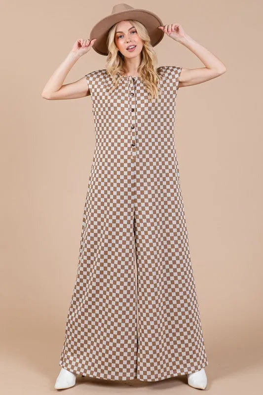 Taupe Checkered Cap Sleeve Jumpsuit