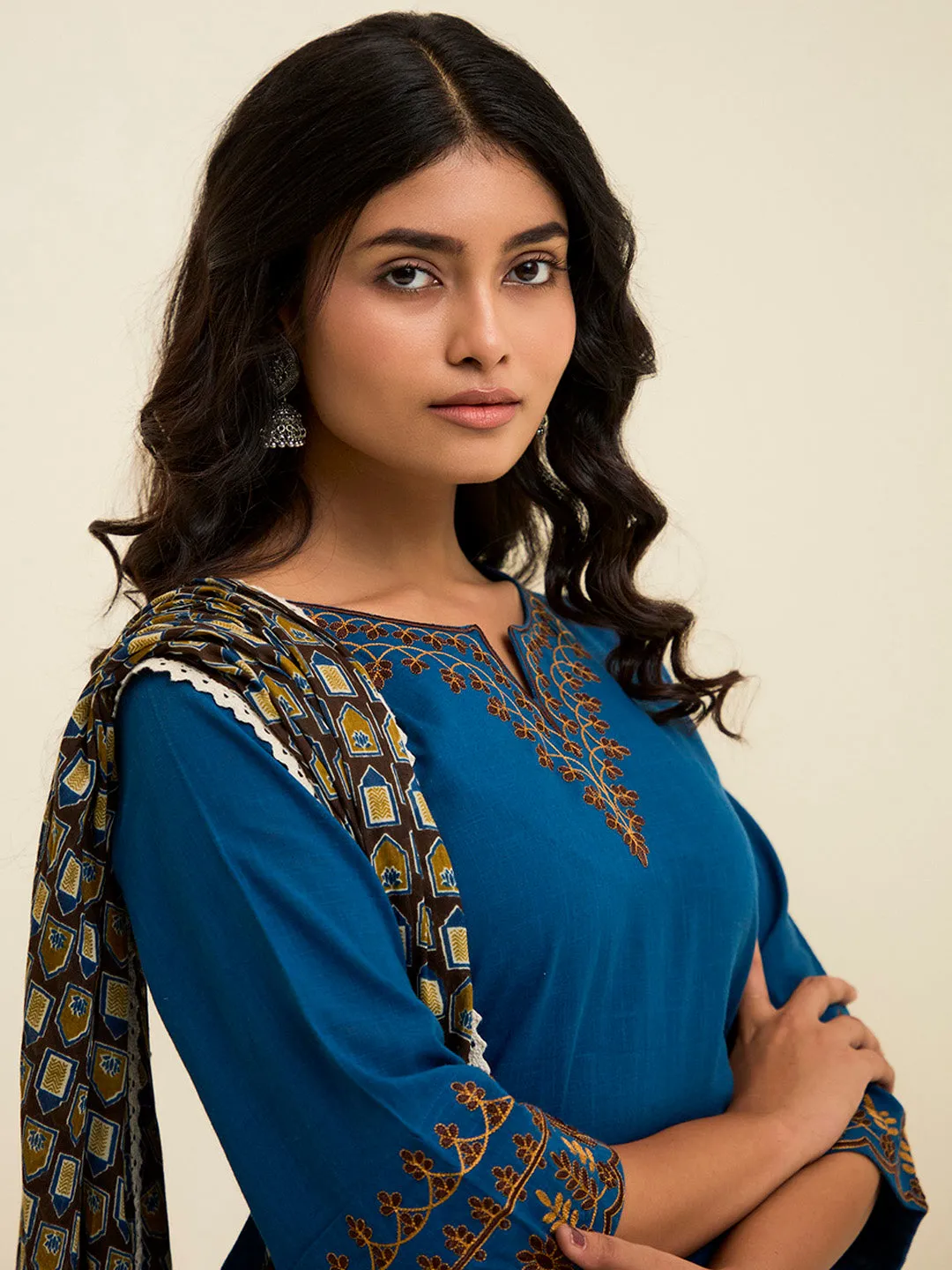 Teal Embroidered Cotton Kurta Set With Dupatta